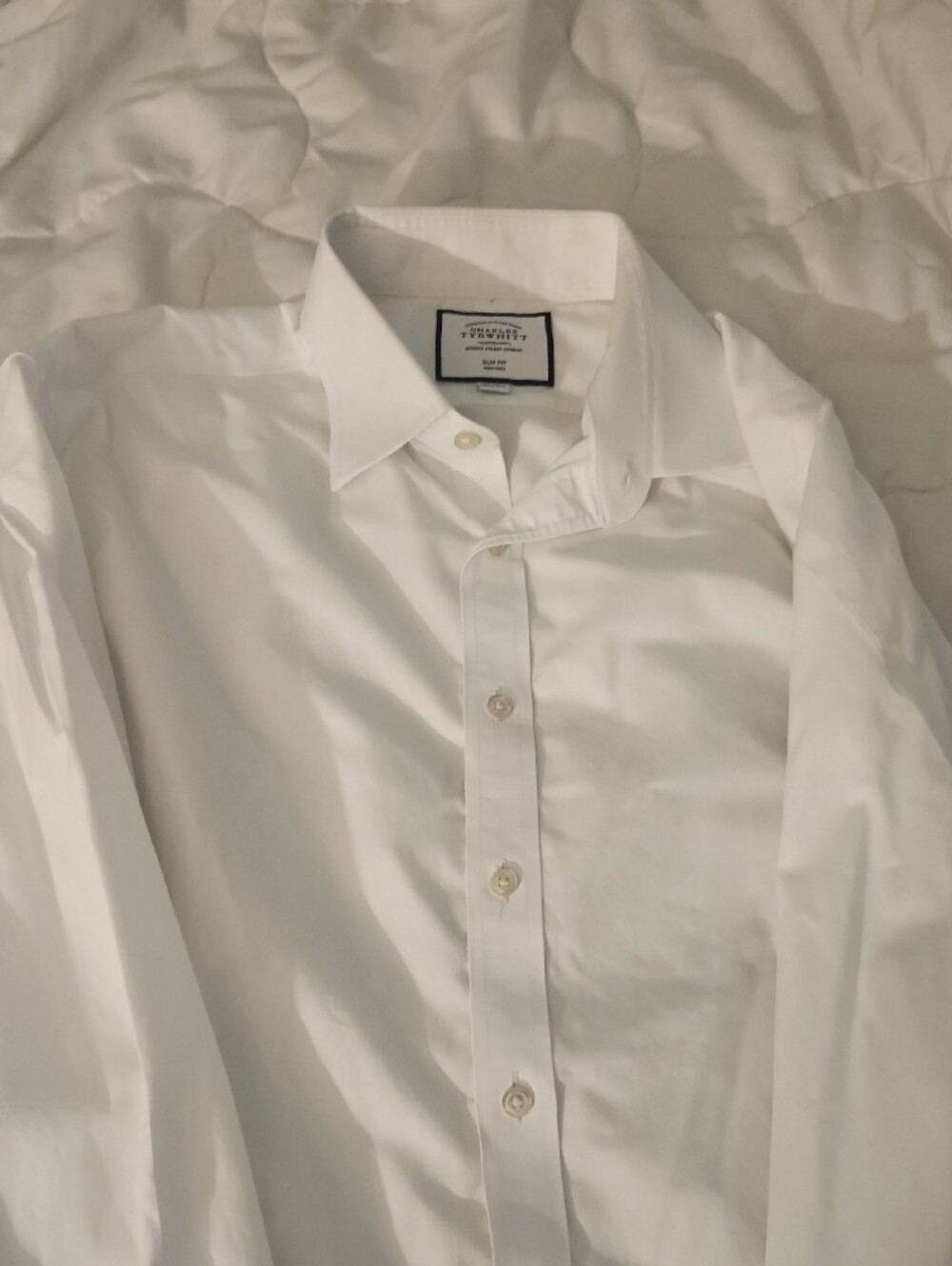 Charles Tyrwhitt White Men's Dress Shirt with Navy Label Trim 17.5 - 35 - Picture 2 of 5